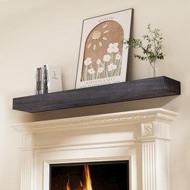 SAUMONIERES Fireplace Mantel Shelves 60 Inch Solid Wood Wall Mounted Long Floating Shelf Hollow, Grey Painted