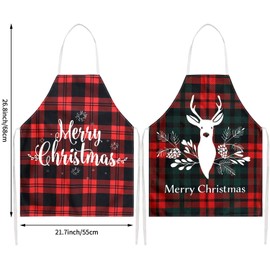 Geyoga 2 Pieces Christmas Aprons for Women Buffalo Plaid Check Adjustable Fabric Red Retro Gingham Elk Apron for Kitchen Cooking Christmas Party Gift
