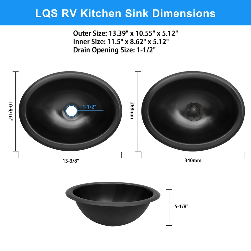 LQS Black Oval RV Kitchen Sink, 13.39" x 10.55" Small
