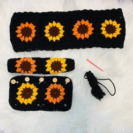 Funda para volante OnEternal hecha a mano de ganchillo, color negro, para cinturón de seguridad de girasol, accesorios para interiores de coche. (Funda para volante)