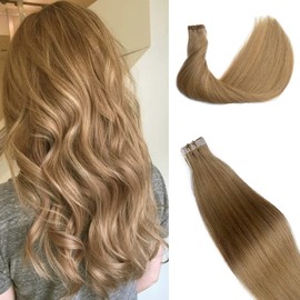 Tape in Hair Extensions Human Hair, 50grams/20pcs Tape on Extensions with Invisible Tape and Traceable Remy Soft Silk Straight Human Hair Extensions Color # 27 Blonde for Girls/Women