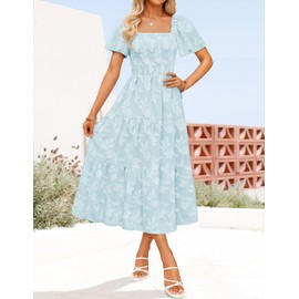 ZESICA Women's Summer Boho Floral Midi Dresses 2025 Casual Short Sleeve Square Neck Flowy Beach Vacation Long Dress,Blue,Small