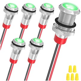 MKBKLLJY 6Pcs 8mm DC 12-24V Green LED Metal Indicator Light Waterproof Signal Lamp with 150mm Cable Length Metal LED Indicator Light and Wiring Cap for Car Interior Trucks Boats Engine taillight
