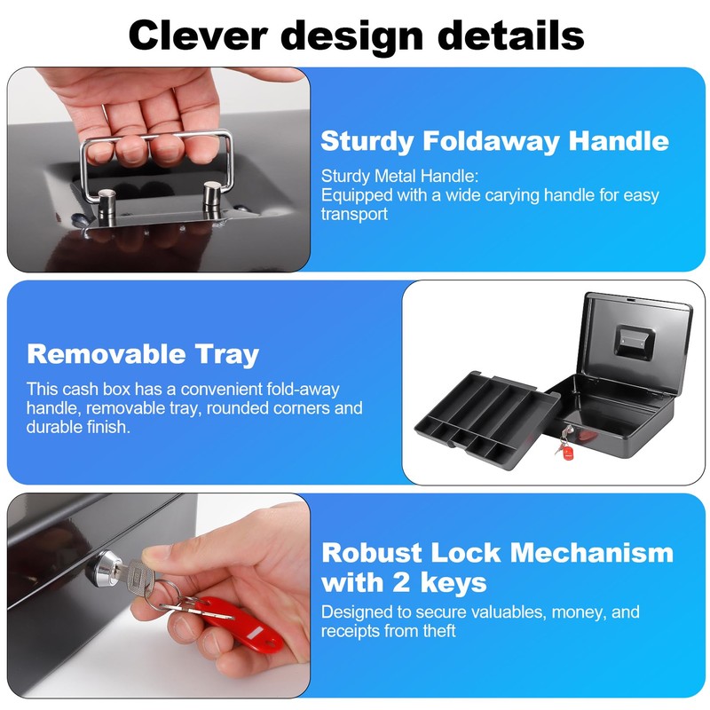 FiiMan Cash Box with Money Tray and Lock, Metal Locking