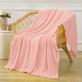 Puncuntex Flannel Fleece Throw Blanket Light Pink 60"×80",Super Soft Plush Cozy Blanket with Square Grid Design Luxury for Couch Sofa Chair