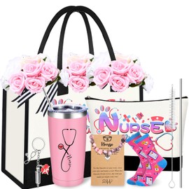 Nurse Gifts for Women Nurses Graduation Week 2026 Gift Set Nurse Funny Practitioner Appreciation Gifts for Women Gift Box for Nurses Canvas Tote Bag Cosmetic Bag Socks Wine Cup Keychain Bracelets