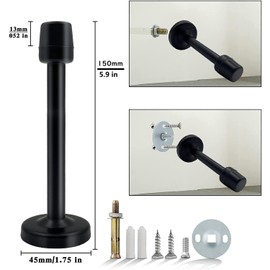 Door Stopper, 6 Inch(150mm) Long Door Stop, Black Doorstops for Bottom of Door Wall Mount Baseboard Baby Proof Doors Holders Protector with Rubber Bumper Tips, Stainless Steel（4 Pack