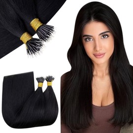 RUNATURE Nano Human Hair Extensions Black Nano Ring Hair Extensions Real Human Hair Black Nano Hair Extensions 22Inch 50 Gram