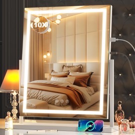 Hasipu Vanity Mirror with Lights, 14" x 18" LED Makeup Mirror, Lightup Mirror with Smart Touch 3 Color Modes and Brightness Adjustment, 10X Magnifying Glass,360° Rotation