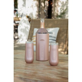 Vinglacé Champagne Bottle Chiller Gift Set- Portable Stainless Steel Sparkling Wine Cooler with 2 Stemless Champagne Flutes, Rose Gold