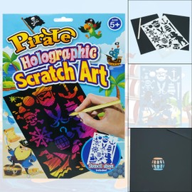 4Pcs Pirates Holographic Creative Scratch Art for Kids 5+ Years, 21cm Black Scratch Sheets with Wood Pencil and Stencil Sheet, Stocking Stuffers Birthday Art Supplies Set for Girls