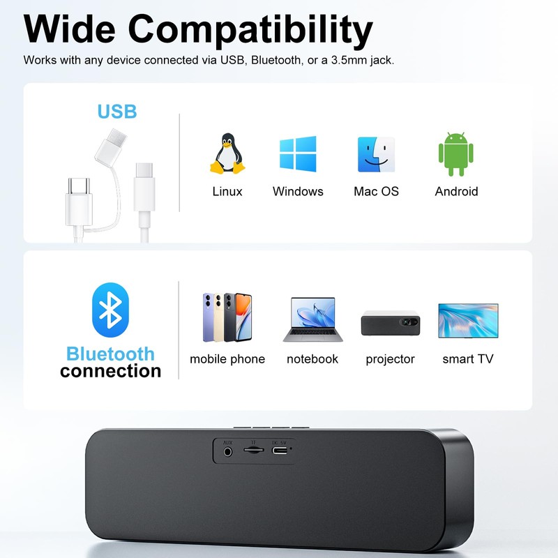 Computer Speakers for Desktop PC,Rechargeable Bluetooth Speaker,Small Computer Soundbar with