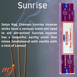 Original Satya Nag Champa Sunrise Incense Sticks | with M&J incense sticks holder | Full Box | for Aromatherapy, Spa, Yoga, Weddings, Meditation, Healing, Positivity and Relaxation