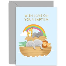 Old English Co. Noah's Ark Baptism Card for Boy or Girl - Cute Animal Bapsitm Card for Godson, Godaughter, Niece, Nephew, Grandchild | Blank Inside with Envelope