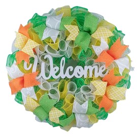 Spring Decorative Wreath, Colorful Déco Mesh and Wired Ribbons, Customizable Welcome Sign, Perfect for Home or Office Decoration