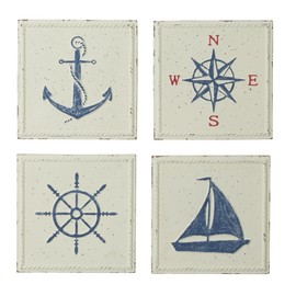 Deco 79 Metal Sail Boat Home Wall Decor Speckled Wall Sculpture with Anchor, Compass, and Ship Wheel, Set of 4 Wall Art 12"W, 12"H, Cream