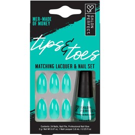 Salon Perfect Tips & Toes Kit Mer-Made of Money Matching Lacquer and Press On Nail Set