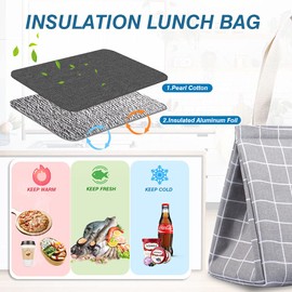 iknoe Insulated Lunch Bag for Women, Durable Wide-Open Foldable & Portable Lunch Tote with Interior Pockets, Water-Resistant Thermal Lunch Cooler for Adults Picnic Beach-Grey Plaid