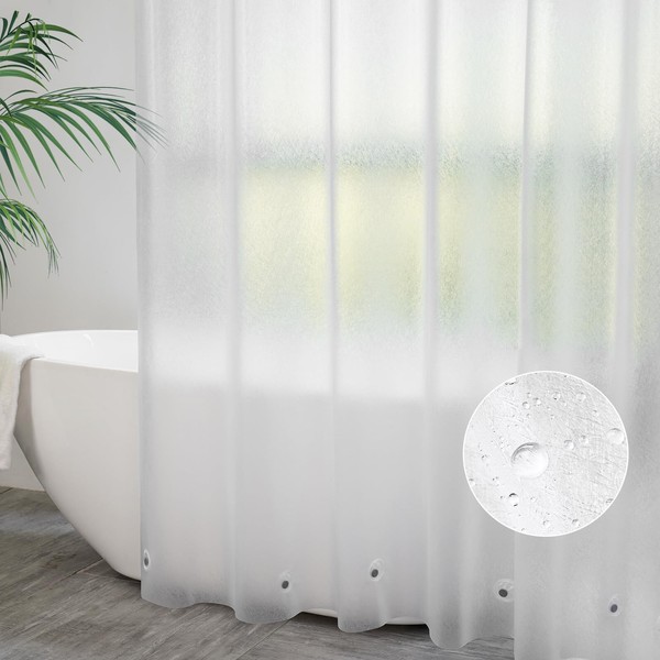 AooHome Shower Curtain 180 x 200 cm Transparent White with 5 Weight Magnets Bottom, Shower Curtains with 12 Hooks, Bathroom Curtain Frosted with Embossed Pattern, Waterproof, Anti-Mould for Bathtub,