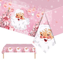 2 Pack Christmas Tablecloths Plastic Rectangle Table Covers,137*274cm Pink Santa Xmas Tablecloth Large Christmas Party Table Cloth for Christmas Party,Winter Holiday,Pink Christmas Table Décor