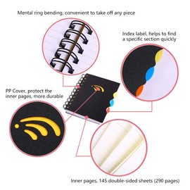 Pocket Notebook A6 Mini Spiral Journals, 3 Subject Planner, Wide Ruled Small Writing Paper, PP Hardcover Notepad, Colored Divider with Tabs for Labels, 290 pages, Black Lined Memo/Scratch Pads/Diary
