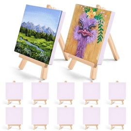 AMFUN Mini Easel with Art Canvas, Mini Canvas and Easel, Wooden Artist Tripod for Party Drawing,Oil Painting,Tabletop Art and Handicrafts (10 Pack) - L10 x W10cm (3.93 x 3.93 inches)