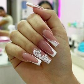 Silver Glitter Love Heart Press on Nails Medium Coffin Valentines Acrylic Fake Nails Glossy White French Tip False Nails Curve Line Stick on Nails Romantic Gift Gel Glue on Nails for Women Girls 24Pcs