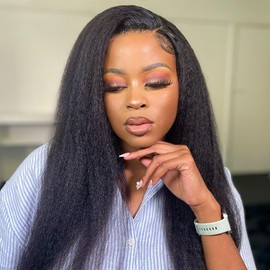 3 in 1 Half Wig Kinky Straight Human Hair for Women No Lace Flip Over Half Wig Seamless Clip In Wigs 200% Density Glueless Wear (1B, 16 inch, kinky straight)