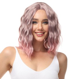 Luxiremi Wig Pink Short Hair Wigs Synthetic 35 cm Adjustable Middle Part Lace Front Curly Wavy Wigs for Women