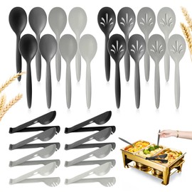 RayPard Reusable Plastic Serving Utensils Set of 24, Wheat straw Large Serving set 10" Serving Spoons/10" Slotted Spoons/9.4" Tongs, for Party Chafing Dish Buffet Catering (Gray Ombre)