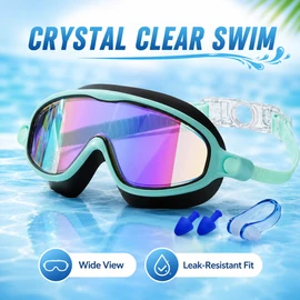 Wide-View Kids Swimming Goggles with Anti-Fog Lens, UV Protection, Leak-Resistant Silicone Seal, Adjustable Strap, Nose Clip, Ear Plugs and Storage Case for Boys and Girls Ages 3–15