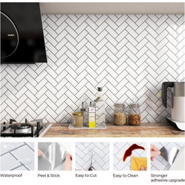 FunStick 15-Sheet White Peel and Stick Backsplash Tiles for Kitchen Bathroom 12"x12" Removable Herringbone Back Splash Stick on Tiles for Kitchen White Wall Tile Stickers for Shower Laundry Room