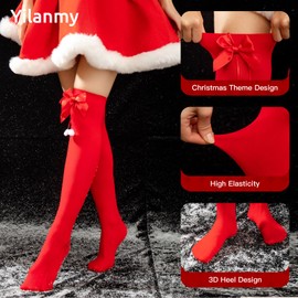 Yilanmy Christmas Thigh High Socks Striped Over Knee Thigh High Stockings Candy Cane High Stockings with Bow Red Green Solid