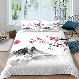Homemissing Cherry Blossom Bed Linen 135 x 200 cm for Girls Women Chic Japanese Style Bedding Set Teen Bedroom Decor Exotic Fuji Mountain Duvet Cover Set Natural Landscape Art Bed Linen Soft
