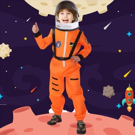 Kids Astronaut Costume Space Suit Role Play Dress Up with Movable Visor Helmet (10-12, Orange)