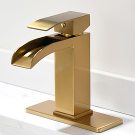 BRAVEBAR Waterfall Bathroom Faucet Gold - Single Handle Sink Faucets Bathroom 1 Hole Or 3 Hole for 4In | Modern Solid Vanity Faucet with Deck Plate & Overflow Pop Up Drain Brushed Gold