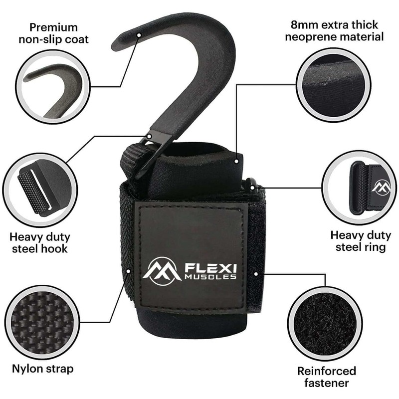 Flexi Muscles Weight Lifting Hooks (Pair) - Heavy-Duty Wrist Straps