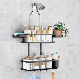 Sben Hanging Rustproof Shower Caddy with Soap Dishes and Toothbrush Holder – Space-Saving Bathroom Organizer 4 Hooks for Easy Storage and Convenience (Black)