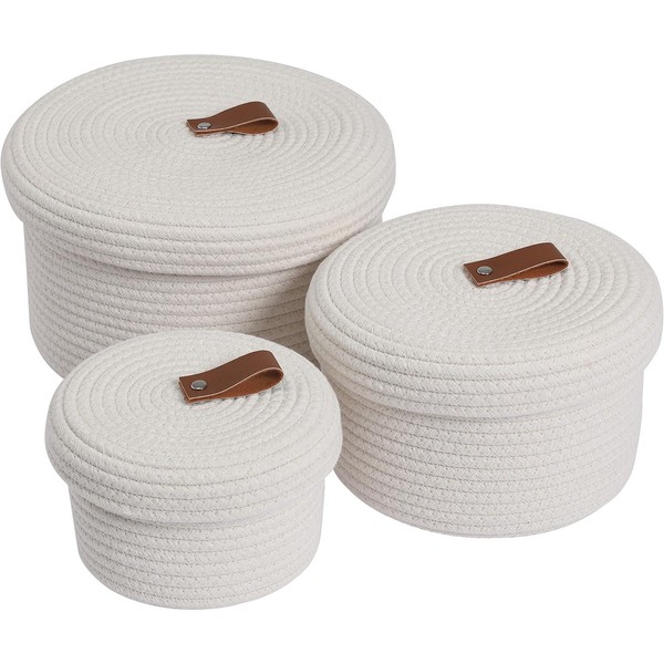 Cottonphant Set of 3 Stylish Round Woven Baskets with Lids