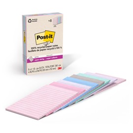 Post-it 100% Recycled Paper Super Sticky Notes, Lined, 4 in. x 6 in., 8 Pads, 45 Sheets per Pad, Wanderlust Pastels, School Supplies and Office Products