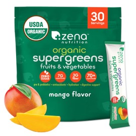 Zena Nutrition Organic Super Greens Powder, 70+ Superfoods, 0 Sugar, 3G Fiber, Spirulina, Chlorella, Mushrooms, Prebiotics/Probiotics, Digestive Enzymes for Gut Health, Mango, 30 Drink Mix Packets