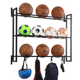 MyGift Deluxe Modern Matte Black Metal Wall Mounted Sports Ball Rack - Gym Exercise Equipment Storage Organizer Shelf Display with 4 S-Hooks