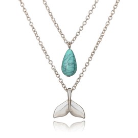 Turquoise Mermaid Tail Necklace Boho Layered Fish Tail Pendant Necklace Chain Jewellery for Women Ladies, Metal, No Gemstone