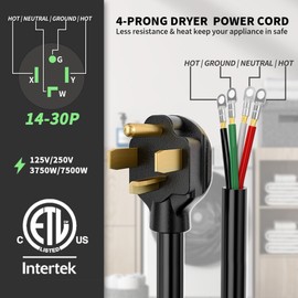 POWGRN 30 Amp 4 Prong Dryer Cord 10 FT Black, 10/4 Gauge Appliance Dryer Power Cord NEMA 14-30P to 4-Wire, Pure Copper Wire, ETL Listed