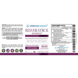 Approved Science® Resveratrol - 1000 mg of Trans Resveratrol - 250 mg of Polyphenol - 98% Purity Level - Includes Bioperine® - 60 Vegan Friendly Capsules - 1 Bottle