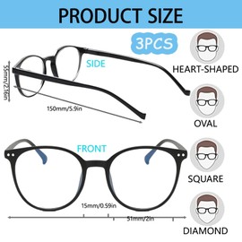 PcvGef Pack of 3 Blue Filter Glasses Women, Blue Light Blocking Glasses, Round Frame, Anti Blue Light Glasses for Men and Women, Round Anti Blue Light PC Gaming Glasses, Fashion Glasses, Anti Glare