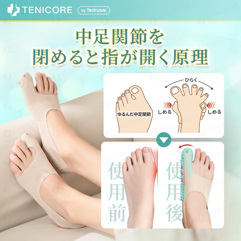 「ゴムベルトで強度を調整可」Tenicore 外反拇指サポーター 薄型 靴下タイプ 足親指を広げる 足親指サポーター 靴が履ける 洗える Mサイズ TL047AJ（二足入）