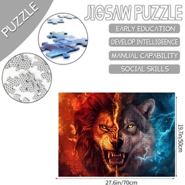 1000 Piece Jigsaw Puzzles for Adults Red Flaming Lion and Blue Lightning Wolf Jigsaw Puzzle Half Lion Face and Wolf 1000 Piece Jigsaw Puzzles Home Decor Family Puzzle Perfect for Game Nights Gift