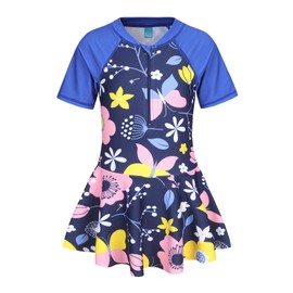 Big Girls One Piece Swimsuits Skirted Bathing Suits for Kids Girls Swim Dress Short Sleeve Hawaiian Swimwear Blue Floral Size 16/14-16 Years