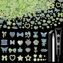 120 Pcs Kawaii 3D Nail Charms with Nail Charm Glue Set(UV Needed), Over 300 PCS Charms with Butterfly Bow Star Heart Bear 3D Flower and Pearls in Total with Tools for Nail Art(Green)